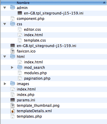 Contenido del archivo zip de la plantilla joomla